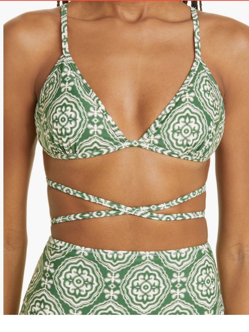Lemlem Green and White Printed Wrap Bikini Top with Crisscross Ties